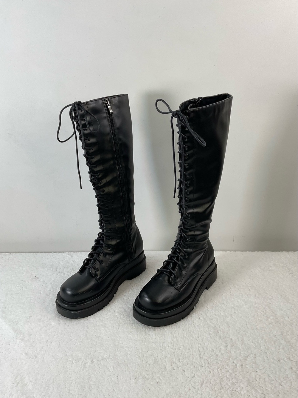 Nasty Gal Black Lace-Up Knee High Boots Size 5